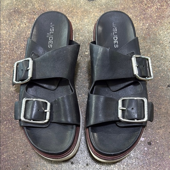 J/Slides Black Leather platform Sandals with Silver Buckles - Picture 1 of 5